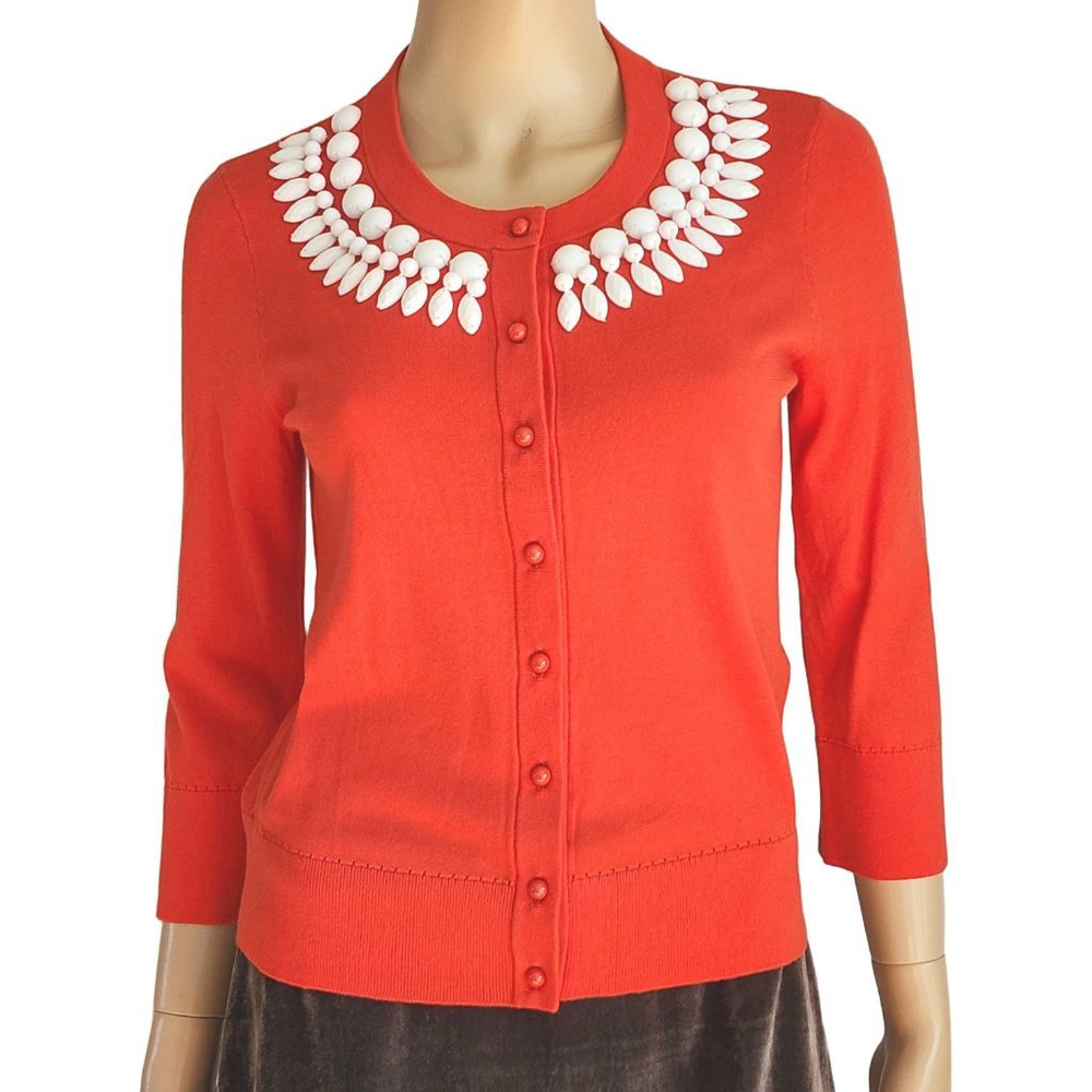 KATE SPADE Red Embellished Bead Cotton Button Up Cardigan S
